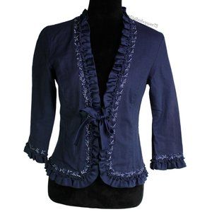 Vents D'Ailleurs Women's Linen Blend Cropped Ruffle Embroidered Blazer Jacket